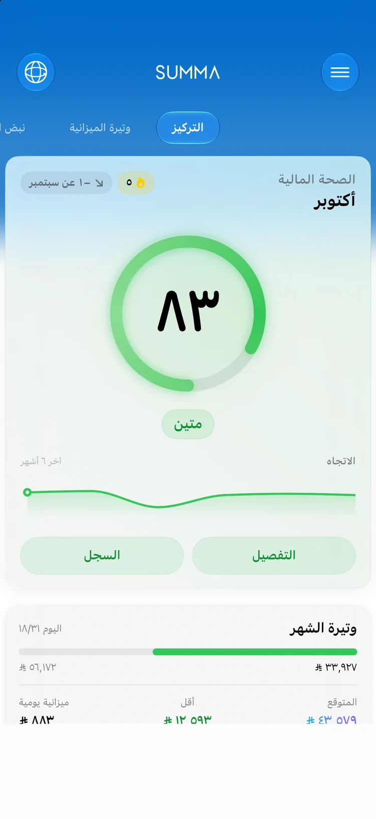 لوحة Summa: الحسابات والميزانيات والفواتير وصافي الثروة في سجل واحد.
