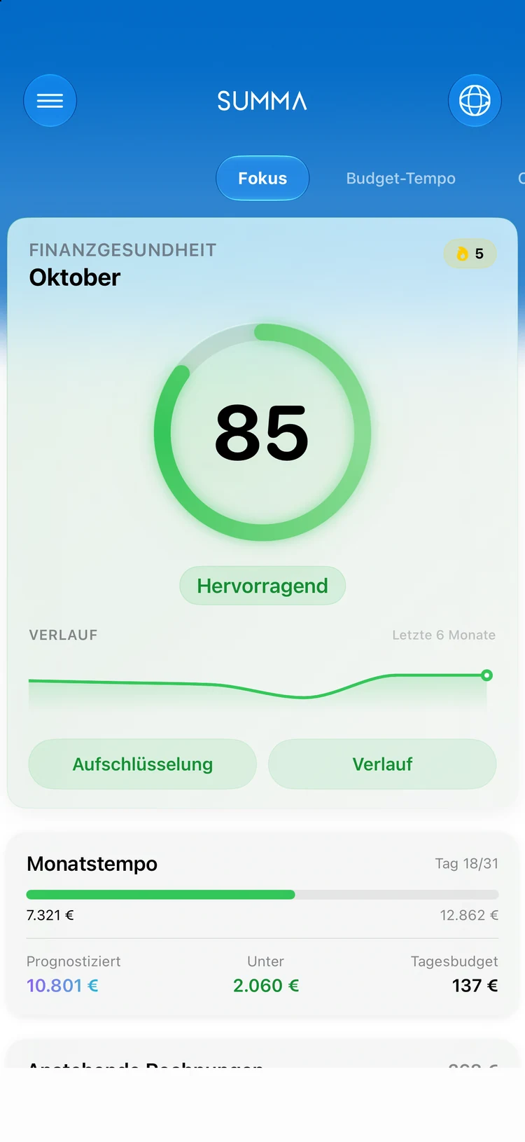 Das Summa-Dashboard: Konten, Budgets, Rechnungen und Nettovermögen auf einer Seite.