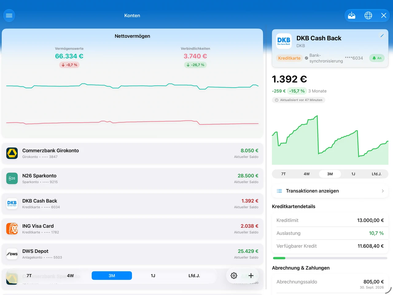 Summa on iPad: accounts beside the detail pane