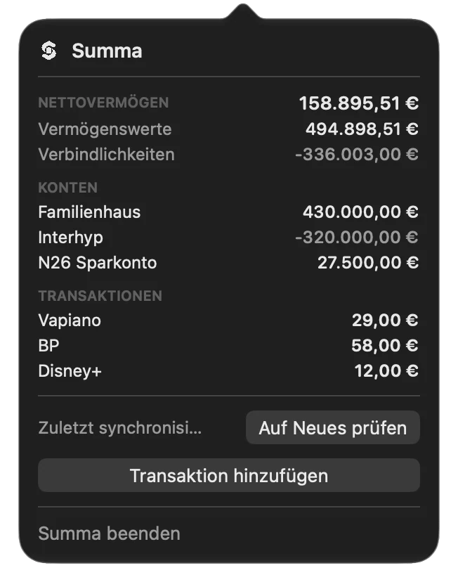 The menu bar panel with net worth, accounts and recent transactions