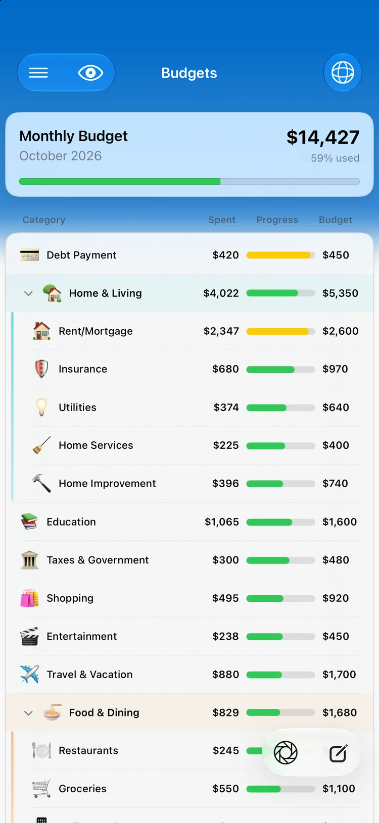 Rolling category budgets in Summa: pace against the month, visible at a glance.