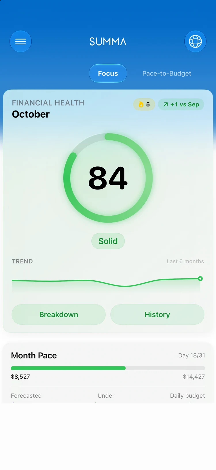 Summa's dashboard: accounts, budgets, bills, and net worth on one ledger.
