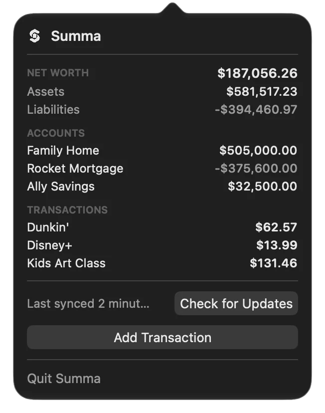 The menu bar panel with net worth, accounts and recent transactions