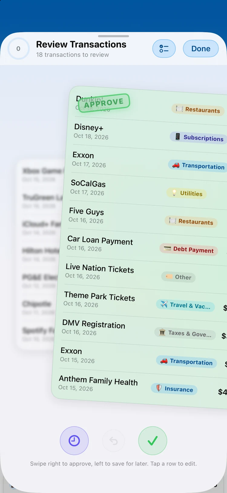 Receipt scanning in Summa: totals, merchant, and category captured from a photo.