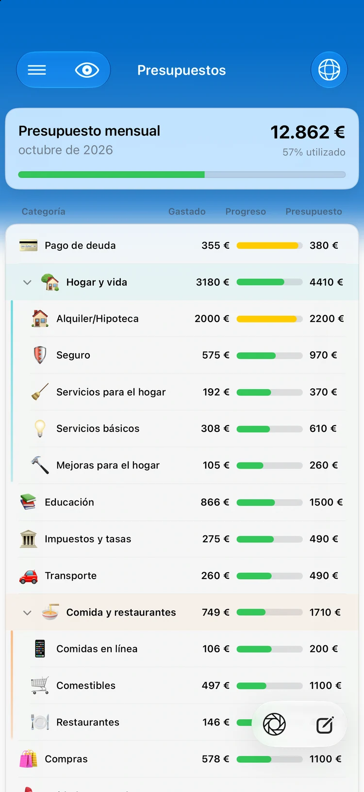 Presupuestos continuos por categoría en Summa: el ritmo del mes, visible de un vistazo.