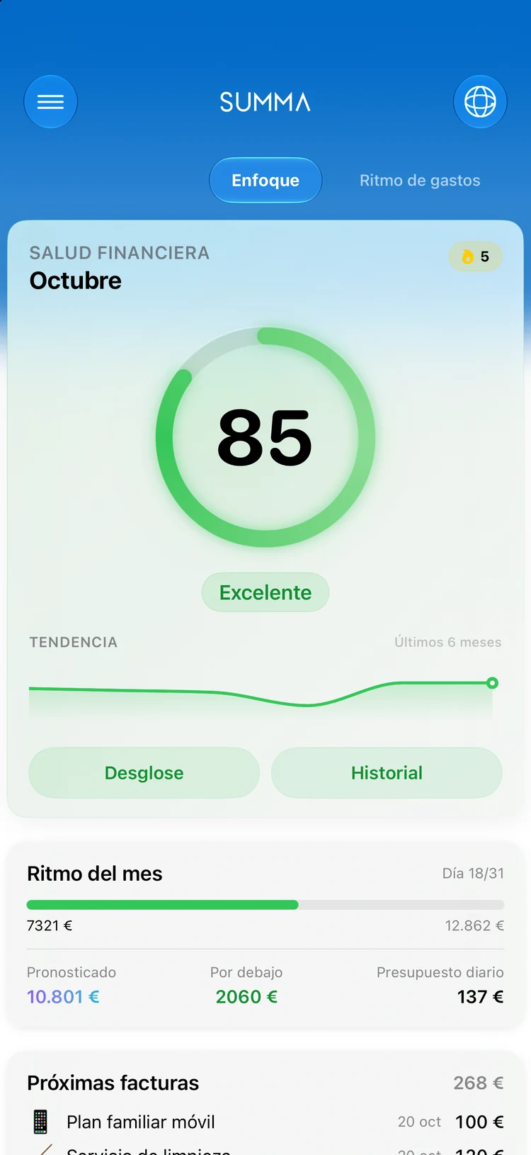 El panel de Summa: cuentas, presupuestos, recibos y patrimonio neto en una sola pantalla.