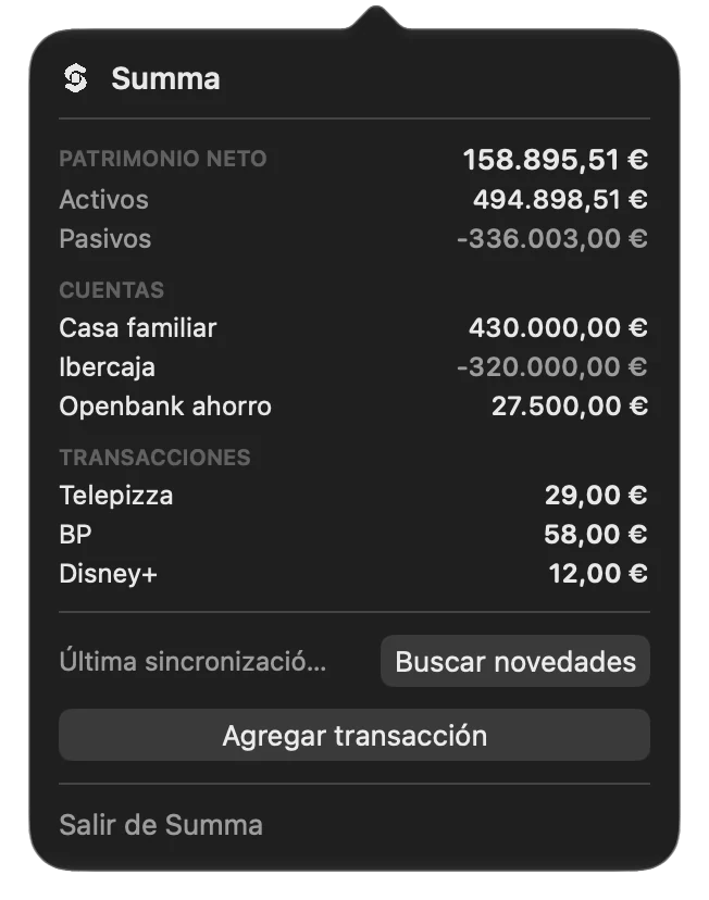The menu bar panel with net worth, accounts and recent transactions