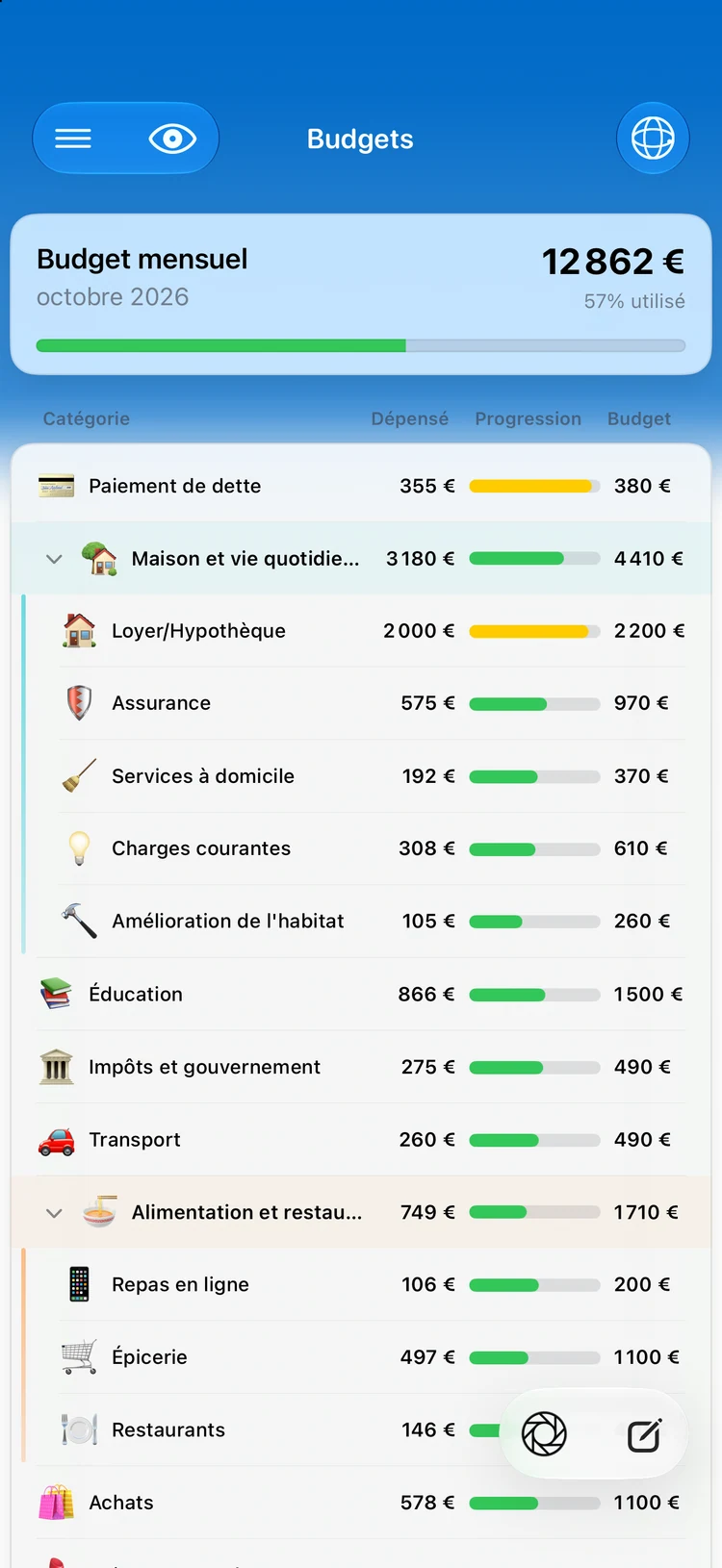 Budgets par catégorie avec report dans Summa : le rythme du mois, visible d'un coup d'œil.