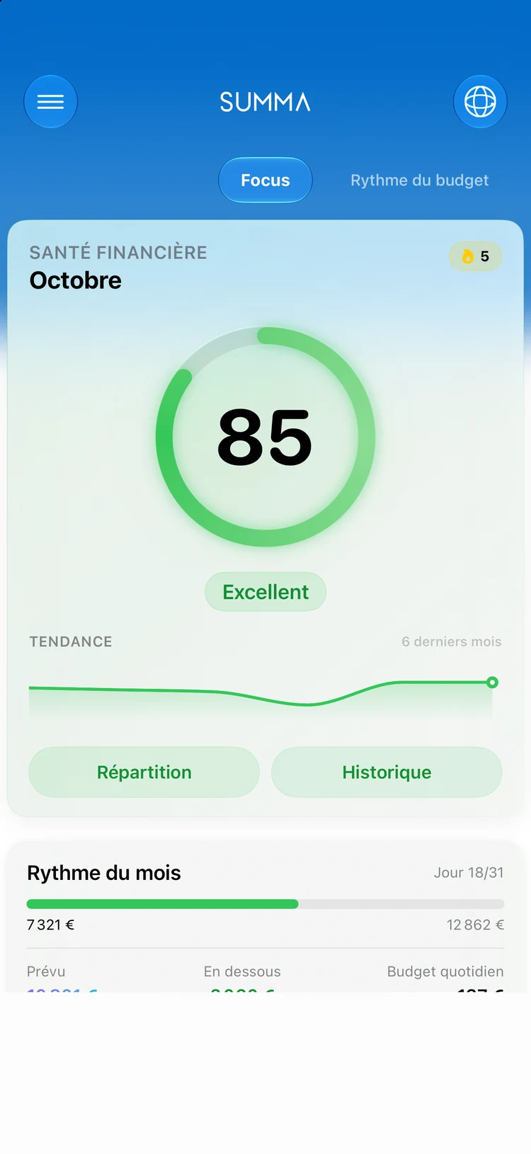 Le tableau de bord de Summa : comptes, budgets, prélèvements et patrimoine net sur une seule page.