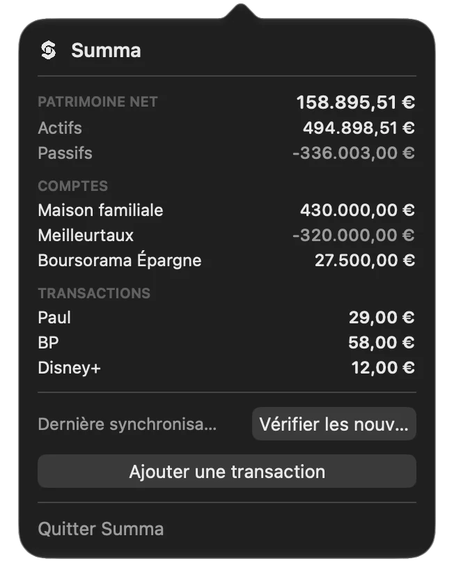The menu bar panel with net worth, accounts and recent transactions