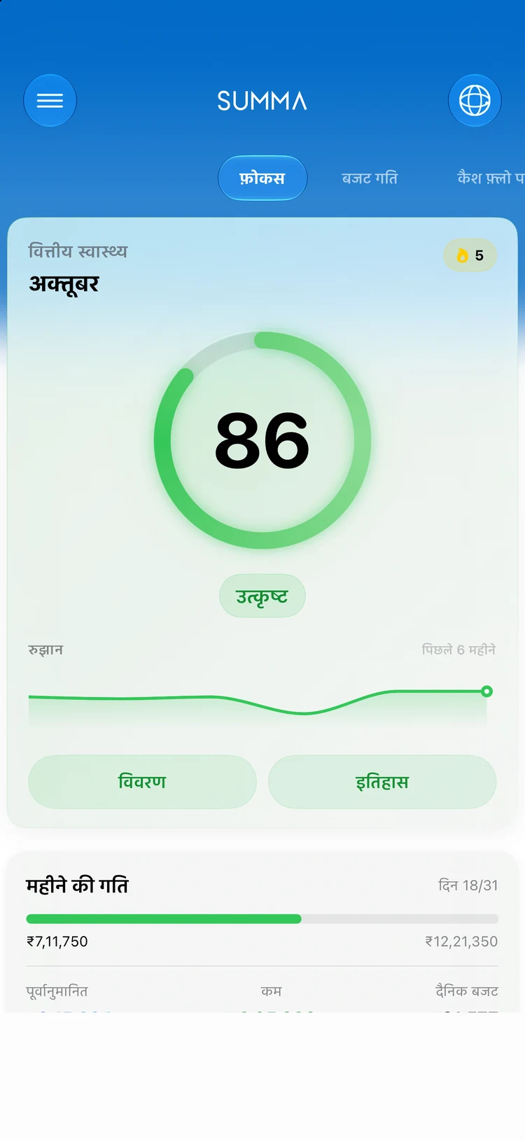 Summa का डैशबोर्ड: खाते, बजट, बिल और नेट वर्थ, सब एक ही बहीखाते में।