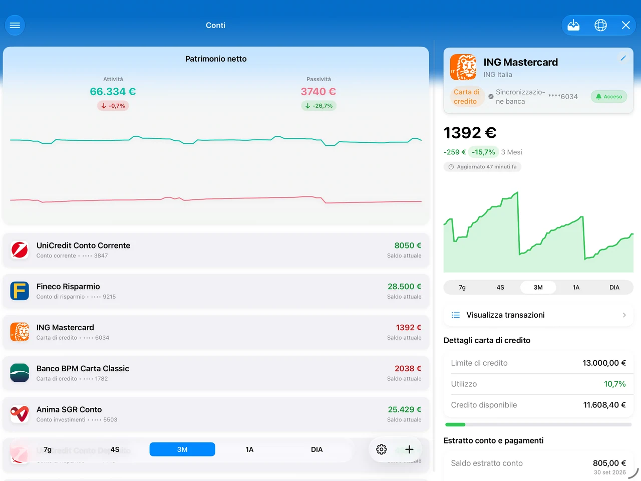 Summa on iPad: accounts beside the detail pane