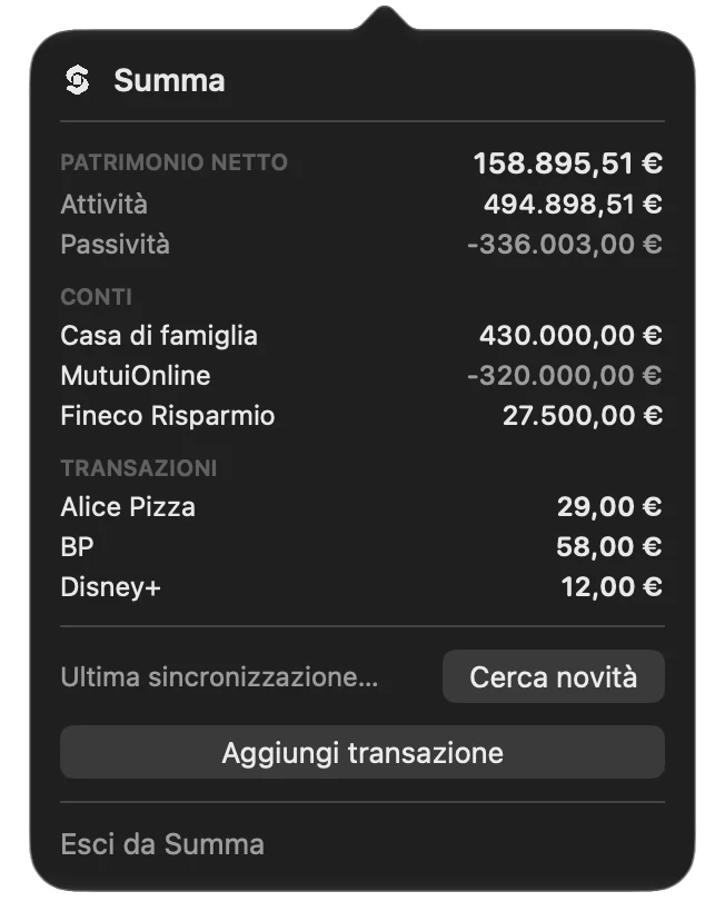 The menu bar panel with net worth, accounts and recent transactions