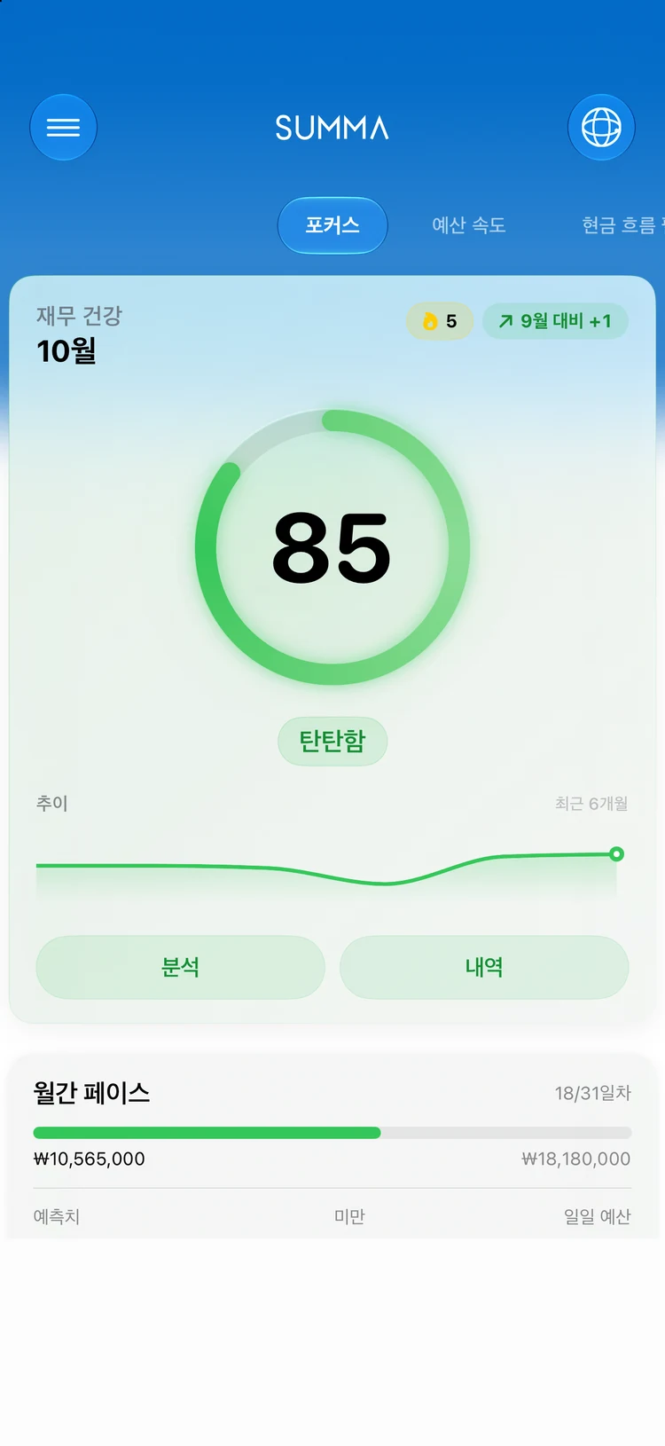 Summa 대시보드: 계좌, 예산, 청구서, 순자산이 한 장부 위에.
