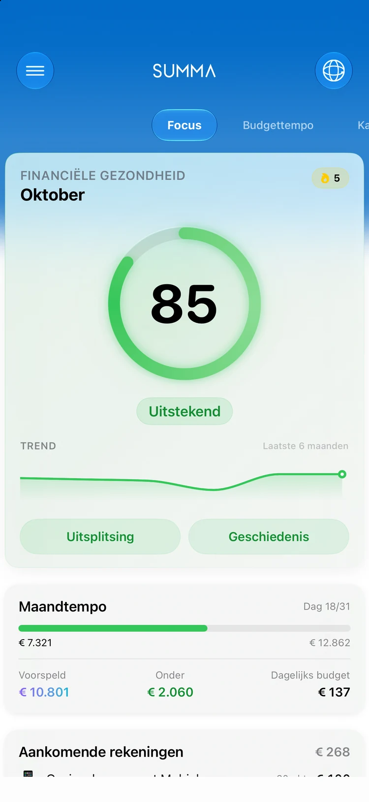 Het dashboard van Summa: rekeningen, budgetten, vaste lasten en vermogen op één pagina.