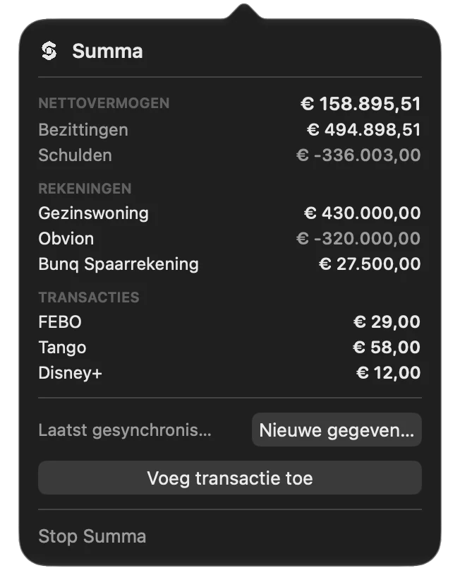 The menu bar panel with net worth, accounts and recent transactions