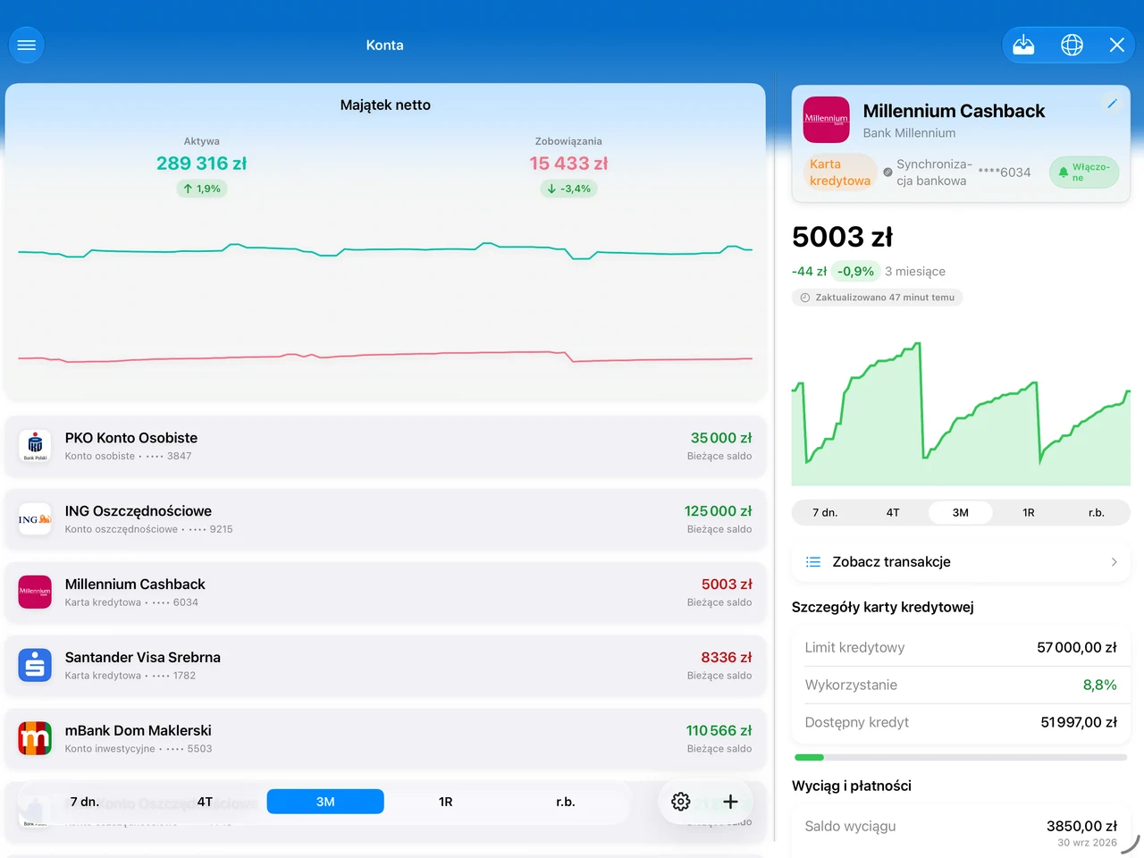 Summa on iPad: accounts beside the detail pane