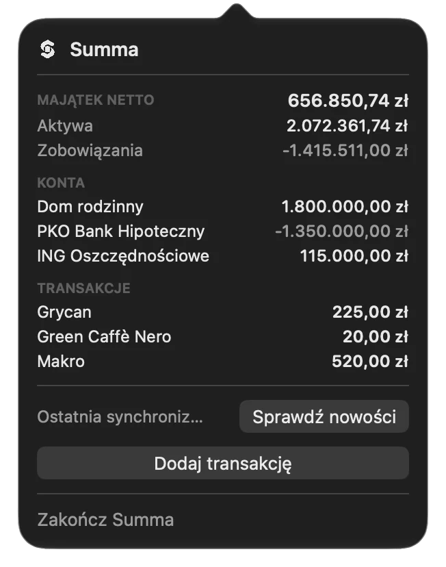 The menu bar panel with net worth, accounts and recent transactions