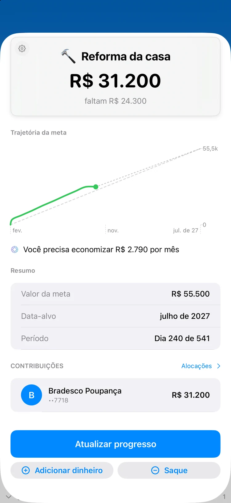 Metas: Veja suas metas de poupança crescer.