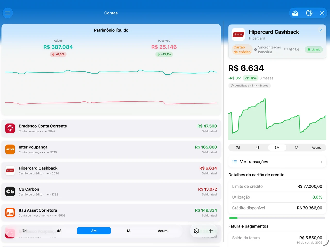 Summa on iPad: accounts beside the detail pane