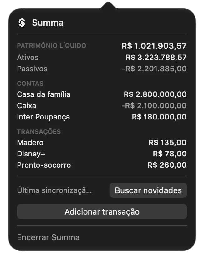 The menu bar panel with net worth, accounts and recent transactions