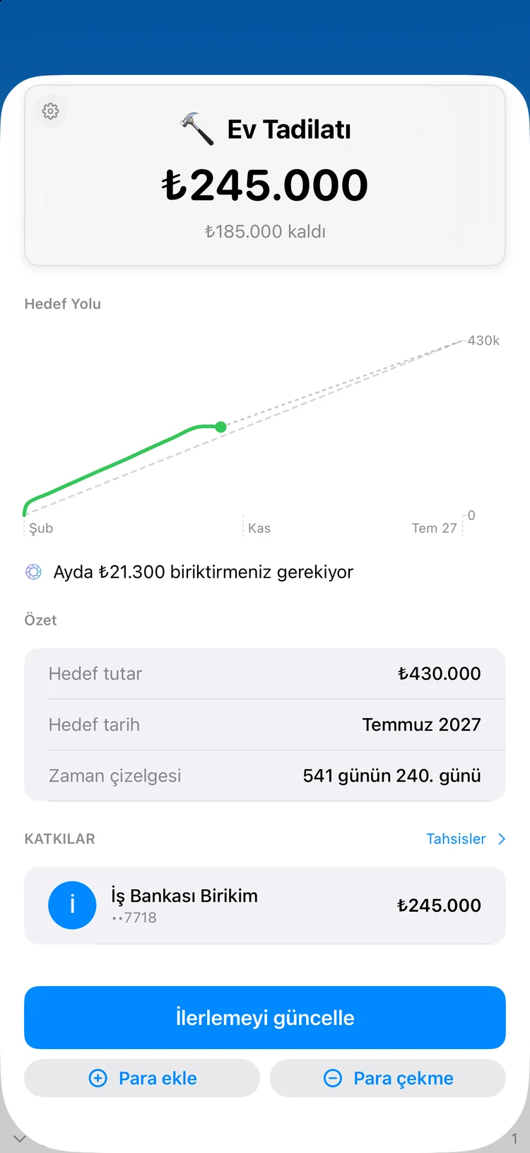 Hedefler: Birikim hedeflerinizin dolmasını izleyin.