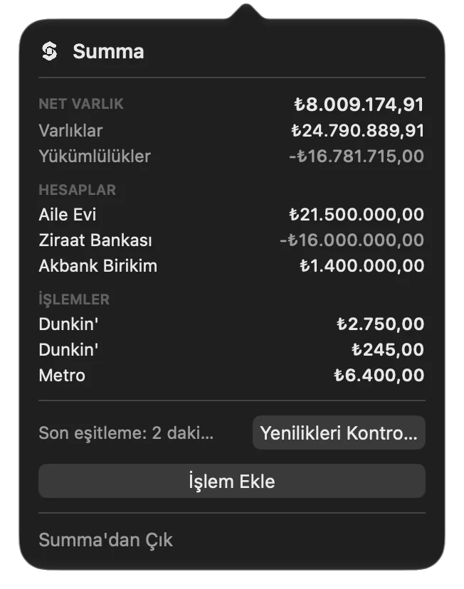 The menu bar panel with net worth, accounts and recent transactions