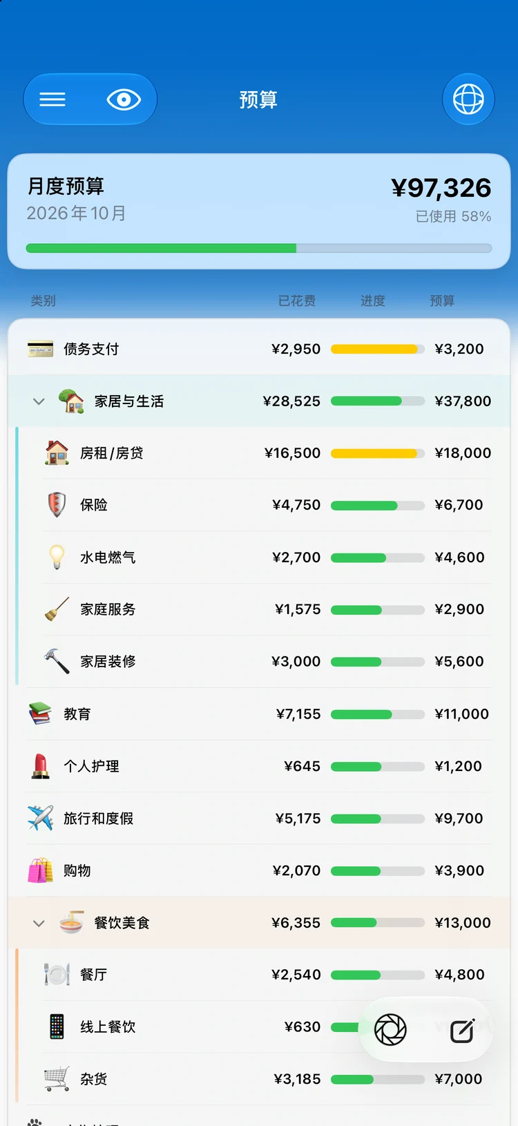 Summa 的可结转分类预算:本月的消费节奏,一眼看清。