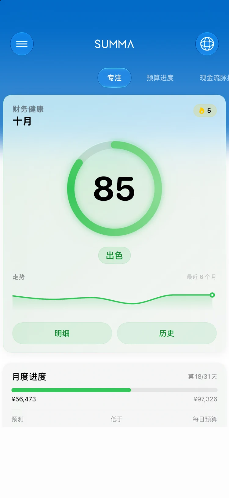 Summa 仪表盘:账户、预算、账单与净资产,同在一本账上。