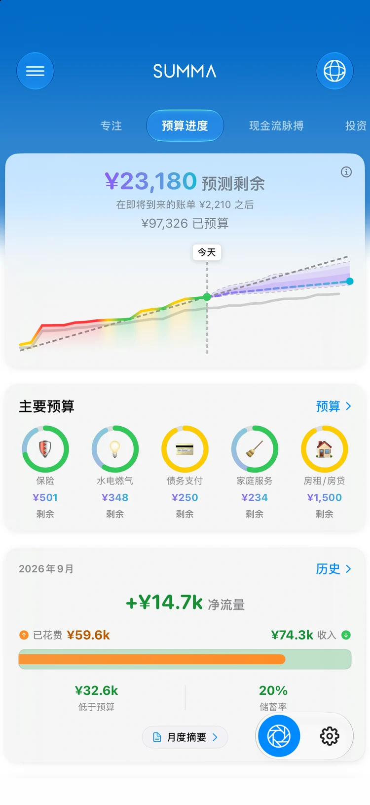 Summa 的月度收支记录:记账的月底结算,自动完成。